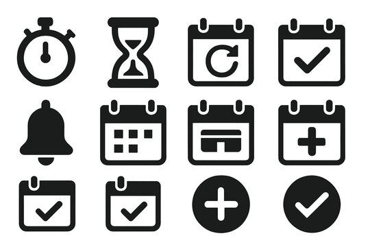 Various symbols for time management and scheduling, featuring clocks, calendars, and icons for reminders and tasks