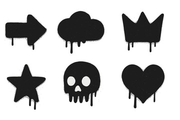 Black silhouette graffiti symbols featuring arrow, cloud, crown, star, skull, and heart in an urban art style