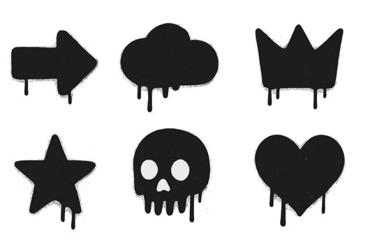 Black silhouette graffiti symbols featuring arrow, cloud, crown, star, skull, and heart in an urban art style