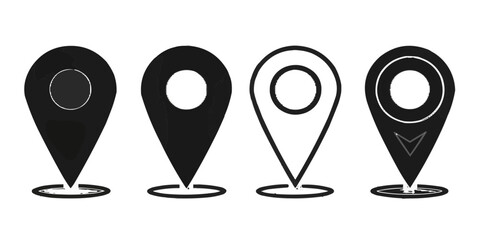 Four location pin icons in black and white with varying styles and design elements displayed clearly