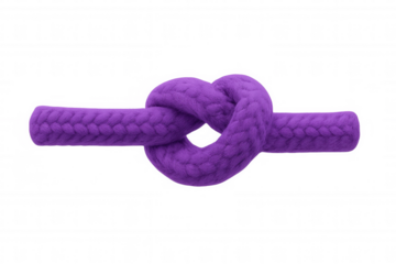 Purple overhand knot securing braided rope, demonstrating nautical strength against transparent background