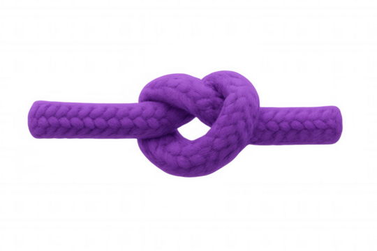 Purple overhand knot securing braided rope, demonstrating nautical strength against transparent background