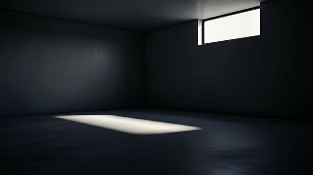 A stark dark room features a high narrow window illuminating a rectangular patch on the concrete floor and parts of the walls and ceiling