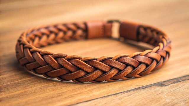 Braided brown leather bracelet on wooden background showing handmade fashion accessory, rustic style wristband for men and women