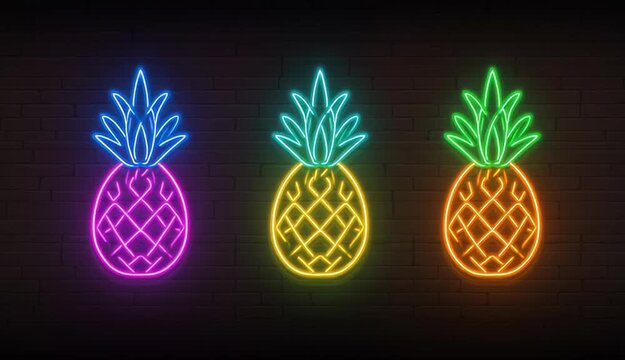 Outline neon pineapple icon set. Glowing neon pineapple fruit with leaf, outline silhouette. Ripe tropical fruit, pineapple garden, organic food, fruit diet