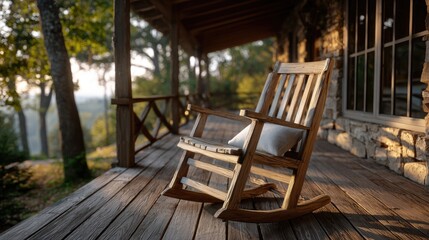 A wooden rocking chair rests on a peaceful porch, offering a cozy spot to relax. Sunlight filters through trees, creating a warm atmosphere as the day comes to a close