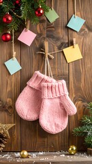 Festive wooden wall with pink mittens