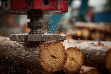 Log splitter working on seasoned timber with hydraulic ram in action capturing wood grain details