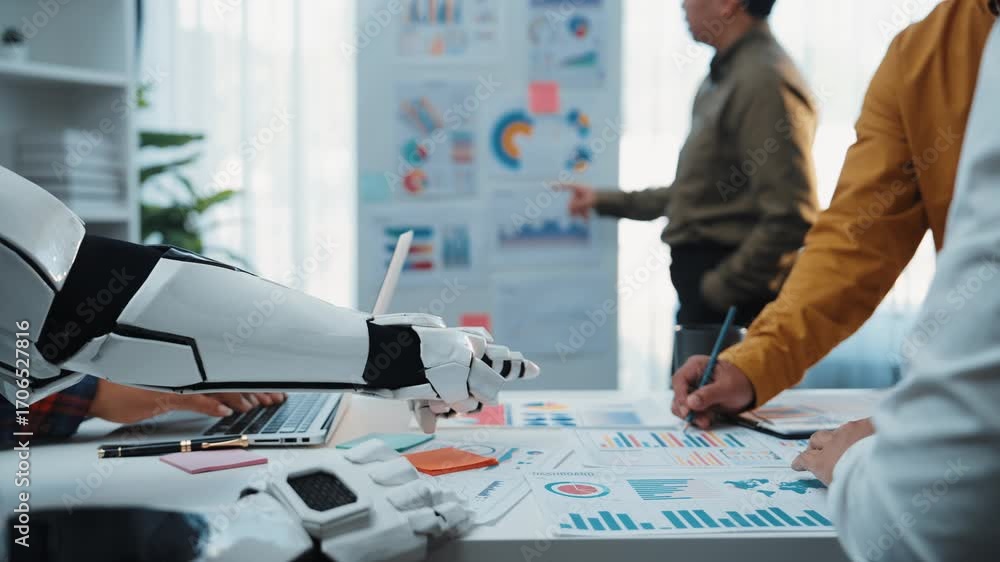 Poster professionals analyze data with ai tools, collaborating to refine marketing strategies and business 