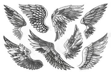 Fototapeta premium Collection of seven intricately detailed and shaded angel wings arranged on a white background art piece