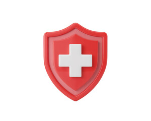 Obraz premium A red shield with a white cross in the center symbolizing health and safety against a black background on transparent background