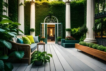 Serene courtyard retreat with lush greenery and classical architecture blending harmoniously