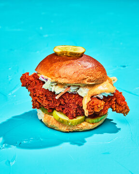 Tightly Cropped Fried Chicken Sandwich with Pickles, Slaw, & Sauce