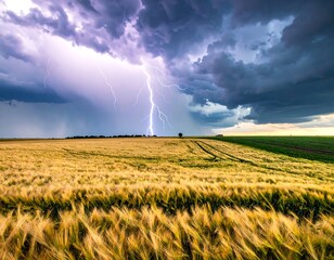 Dramatic lightning strike over a golden wheat field