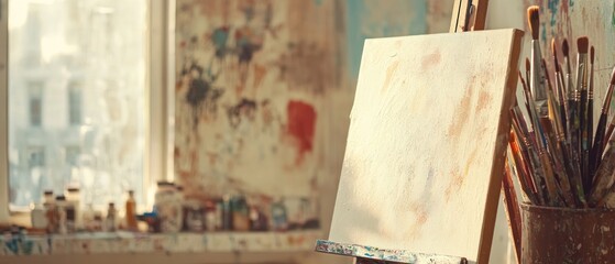 Blank canvas on easel with paintbrushes and art supplies in artistic studio setting
