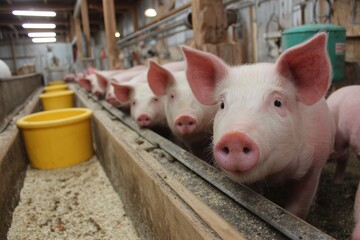 Pigs gather around automated feeding trough with auger distribution at farm