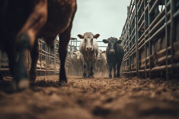 Cattle moving through race with humane restraint design and gate latches for handling at livestock facility