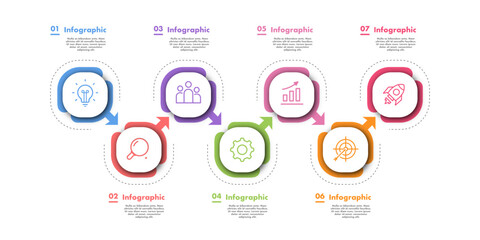 Timeline 7 steps infographic progress modern color style for presentation, start up project, business strategy, theory basic operation, logic analysis vector 10 eps