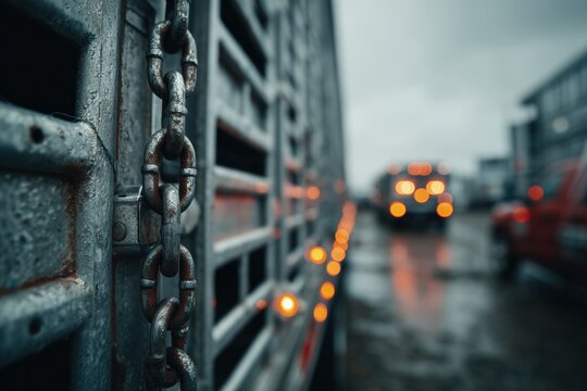 Safety chains and hitching setup on a pickup truck in wet conditions with reflective lights visible at dusk