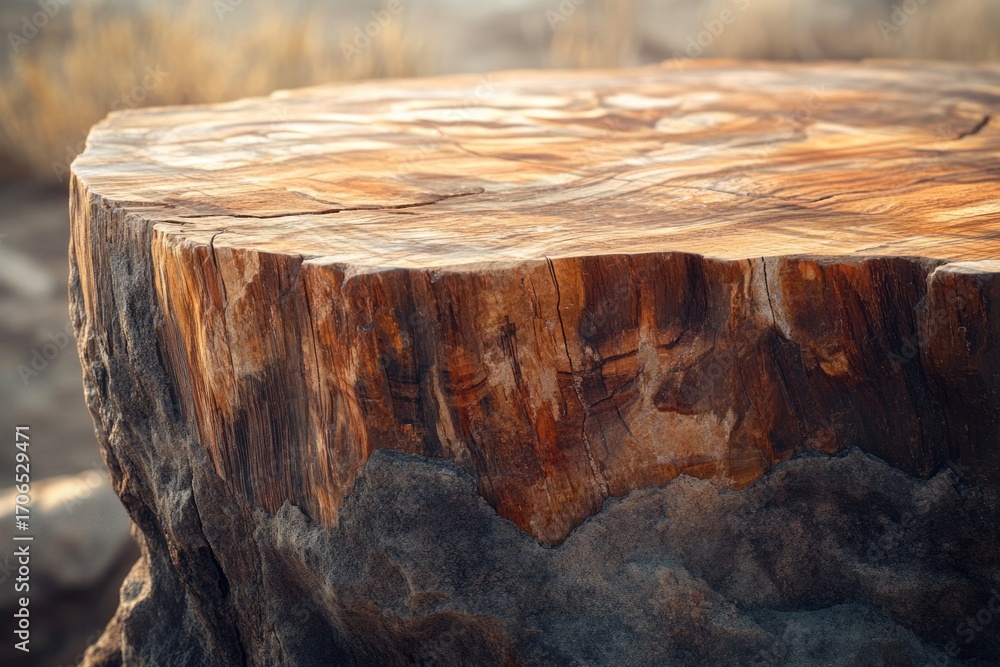 Poster close-up of a petrified tree stump, showing intricate details of its fossilized wood and surrounding