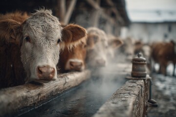Fototapeta premium Water trough with heater provides warm water for cattle in winter while steam rises in cold rural setting