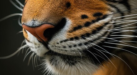 Obraz premium A detailed close-up of a magnificent tiger's nose, showing the texture of its fur and long white whiskers