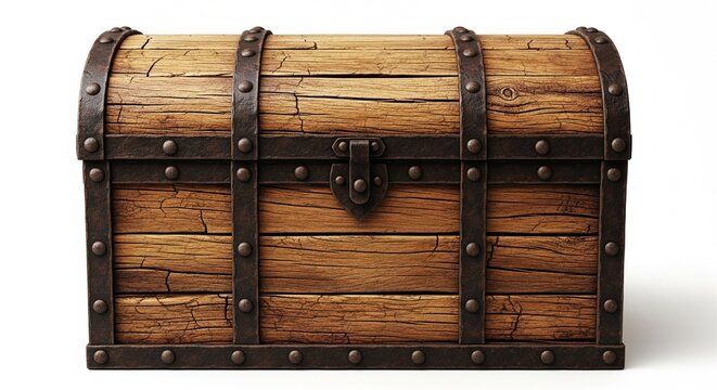 Weathered wooden treasure chest with rusted metal straps and rivets on soft diffused lighting highlighting antique textures