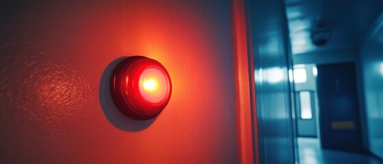 Red illuminated push button switch on wall interior hallway background