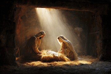 Nativity scene in a stable with radiant light illuminating the baby