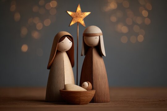 Wooden nativity set with star and bokeh light background