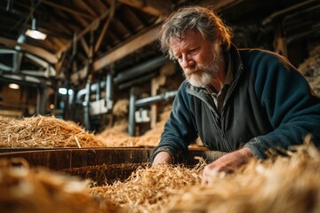 Farmer preparing rations in a feed room by weighing concentrates and silage for livestock feeding