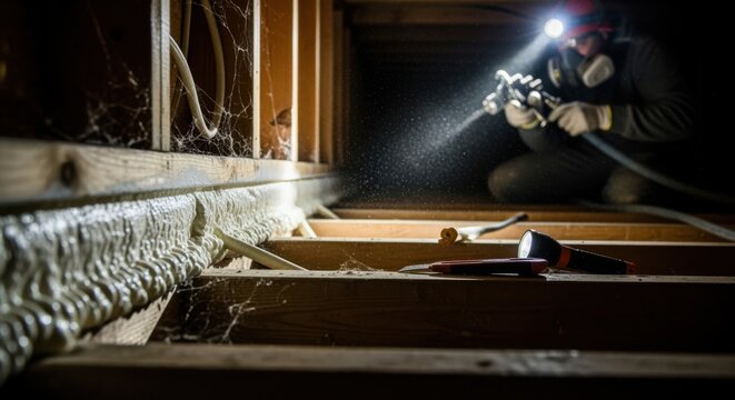 Interior shot of a crawl space where sprayfoam is applied along the rim joist line sealing drafts and moisture intrusion points.