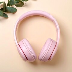 Pink headphones on beige background, with greenery