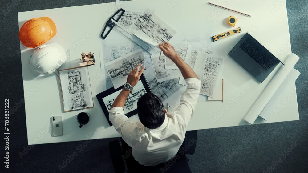 Aufkleber top view of skilled engineer selecting material for house design while sitting at meeting table with
