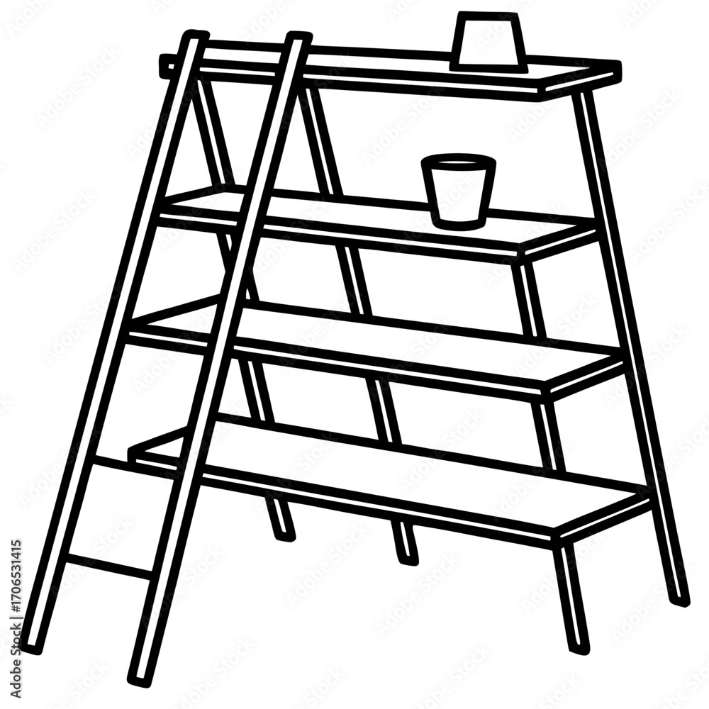 Poster three tiered ladder display shelf with bucket and box silhouette isolated on white background