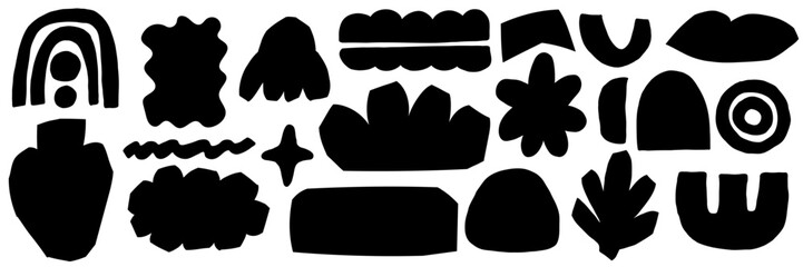 Organic shapes with abstract flow. Paper drawings show a hand shaping geometry in Matisse style. silhouette Cutout black elements on a isolated background