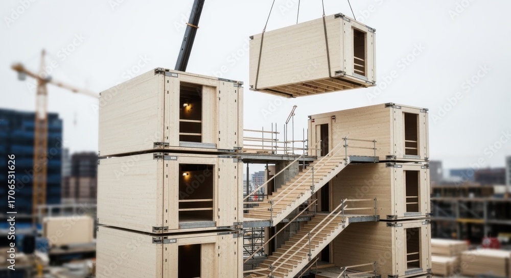 Poster of multiple CLT staircore prefab lift modules being stacked to form a tall stairwell showcasing modular scalability in construction.