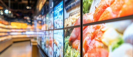 Fresh salmon and food display on supermarket digital screen