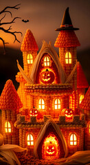 Fototapeta premium Illuminated corn husk castle with carved pumpkins, creating a festive Halloween scene. Warm, autumnal ambiance evokes spooky fun
