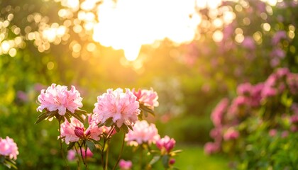 Pink flowers in a garden at sunset