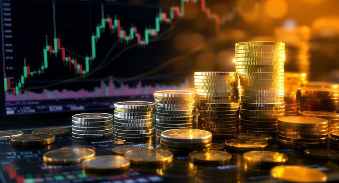 Grafik pasar saham yang telidak pernah dikalahkan oleh waktu, dengan tema koin 