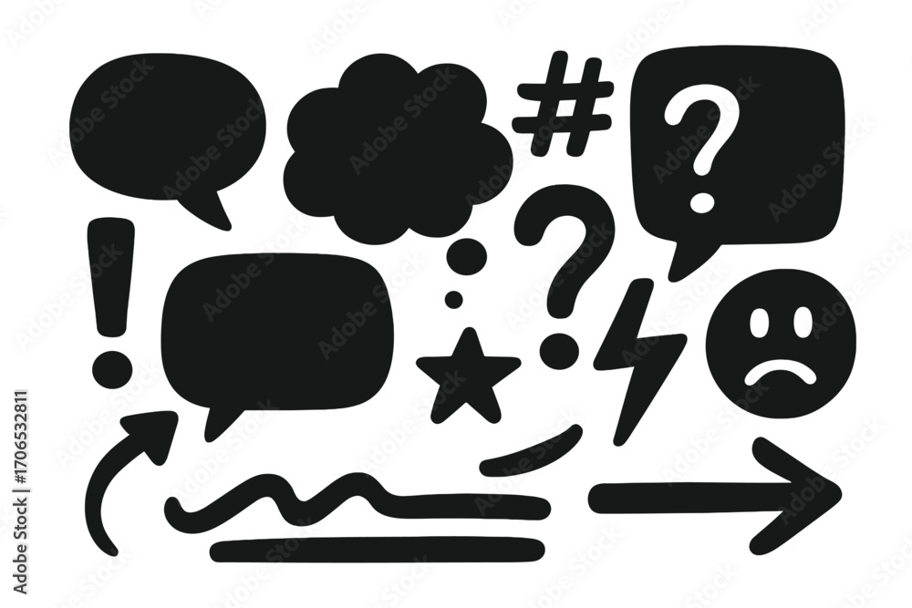 Poster various speech bubbles and symbols depicting emotions and expressions in a modern design style
