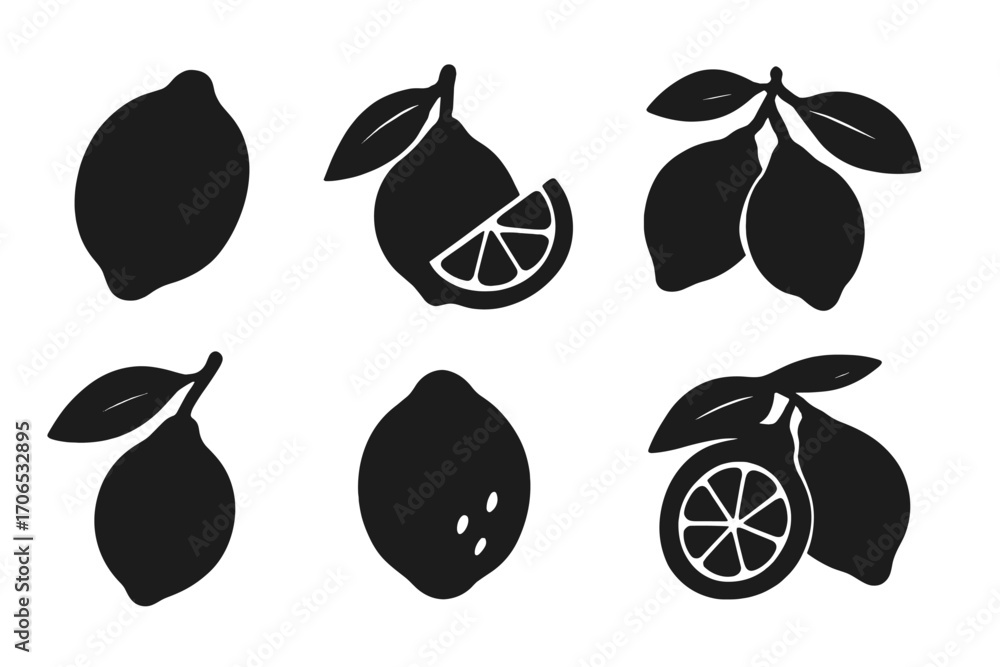 Poster graphic representation of lemons and lime slices featuring various angles and styles in monochrome d