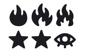 Black silhouette symbols of flames, stars, and an eye arranged in a grid pattern against a white background