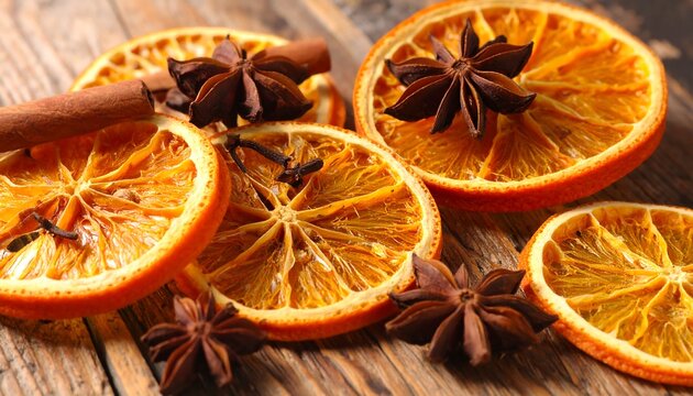 Dried orange slices with spices on a wooden surface