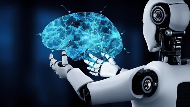 AI hominoid robot holding virtual hologram screen showing concept of AI brain and artificial intelligence thinking by machine learning process. 3D rendering.