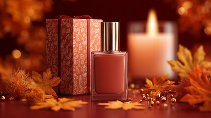Nail polish bottle with gift box and candle on autumn background  