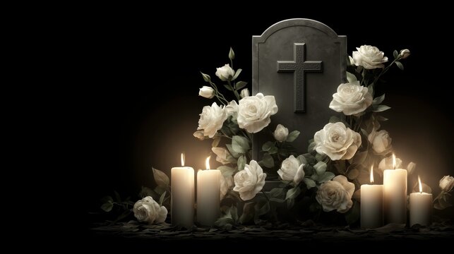 Candles and White Roses Near Tombstone for Funeral, Memorial, or Remembrance Ceremonies