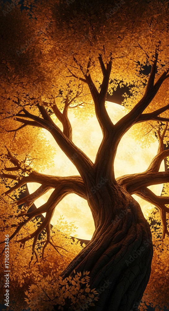 Poster low-angle view of a large tree with golden leaves backlit by a full moon, creating a warm, mystical 