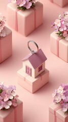 Decorative house keychain on pink gift boxes with floral accents 